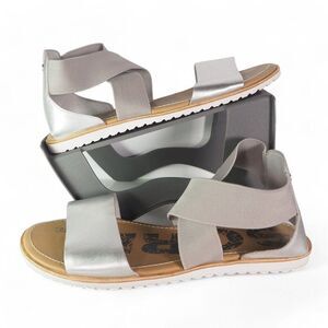Sorel Ella Leather Open Toe Flat Strappy Sandals Silver NL3202-034 Women's 9.5